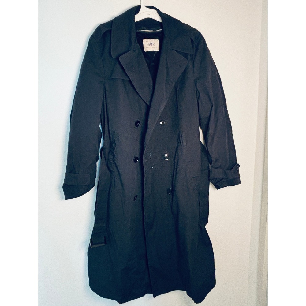 American Apparel US Army All Weather Trench Coat Black Belted Duster 44L 90s Vtg